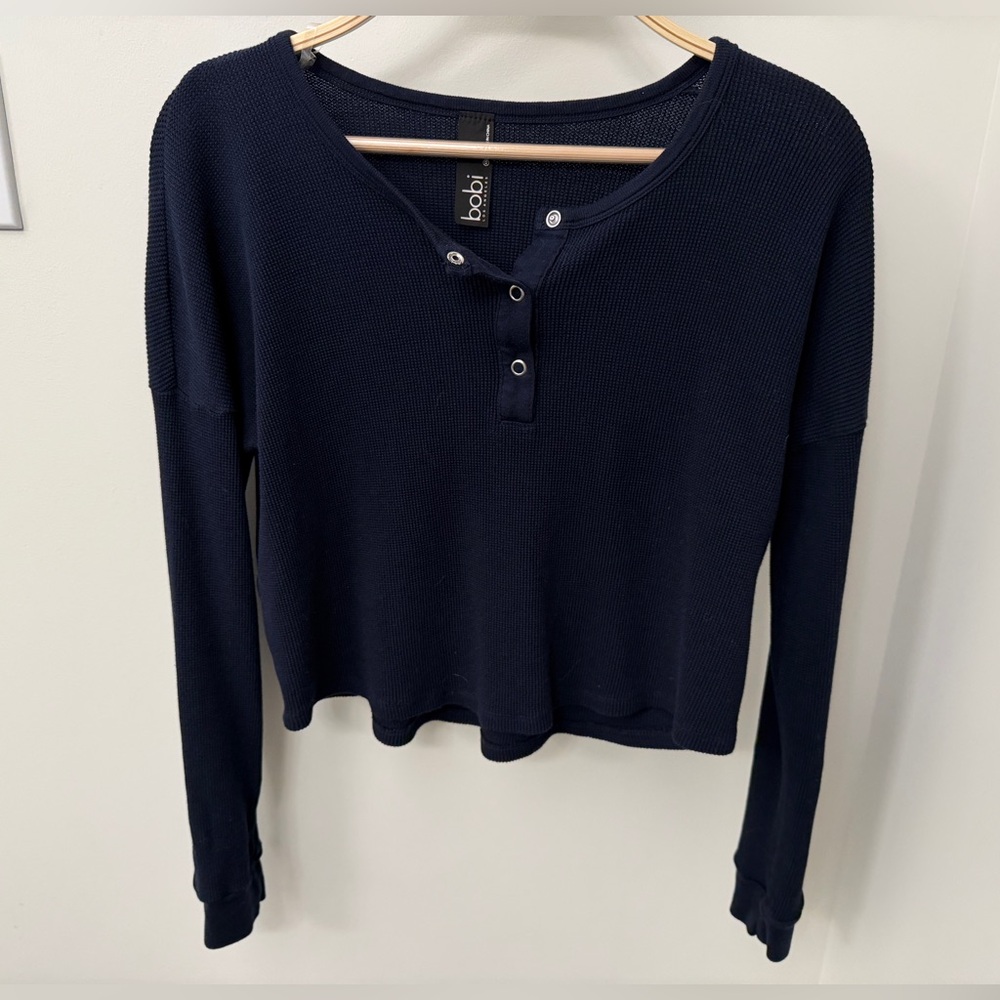 Bobi Navy Waffle Henley Long Sleeve Top